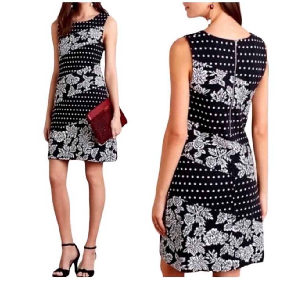 Maeve Anthropologie Effemy Floral Jacquard Polka Dot Dress Size XS Black